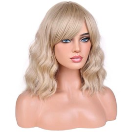BERON Blonde Short Wigs for Women Girls Curly Wavy Shoulder Length Hair Wig with Side Bangs Ash Blonde Fun Synthetic Heat Resistant Wig