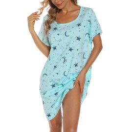 ENJOYNIGHT Nighties for Women Cotton Nightdress Sleep Tee Short Sleeves Print Nightshirt Soft Sleepwear Loungewear (Medium,Star)