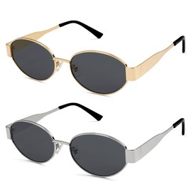 SOJOS 2 Packs Retro Oval Sunglasses for Women Men Trendy Sun Glasses Classic Shades UV400 Protection SJ1217 Gold&Silver
