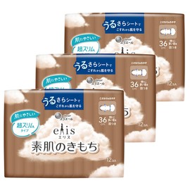 Ellis Bare Skin Texture Ultra Slim with Feathers, 14.2 inches (36 cm) (Especially for Frequent Nights), 36 Sheets (12 Sheets x 3 Packs) [Bulk Purchase]