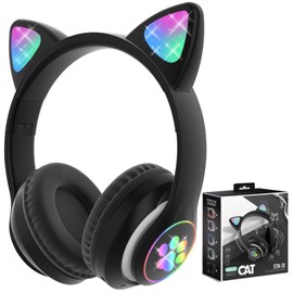 Lirunshe Headphones with LED Light Up, Cat Ears Bluetooth Headphone for Girls, Over-Ear Adjustable Stereo Headsets with Microphone for Kids Girls Women