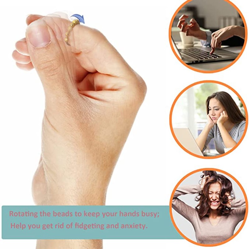 Anxiety Relief Adjustable Silver Spinning Fidget Ring with 7 Beads