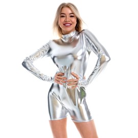 Odizli Women's Lacquer Long Sleeve Body Wetlook Leotard Top Shiny Metallic Tops Costume One-Piece Sports Ballet Bodysuit, A#Silver