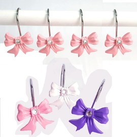 Decorative Shower Curtain Hooks 12PCS Pink Bow Knot Bathroom Shower Hooks Resin Decorative Curtain Hooks Curtain Rings for Bathroom Room Nursery Art Decors