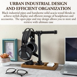 MyGift Premium Acacia Solid Wood and Industrial Black Metal Pipe T-Bar Over Ear Headphones Holder, Tabletop Dual Headphone Display Stand with Accessories Tray