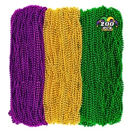 200PCS Mardi Gras Beads, 33" Bead Necklace, Mardi Gras Accessories, Purple Gold Green Party Beads Parade Throws Bulk for Christmas Pirate Baby Shower Wedding Birthday Party Supplies Decor