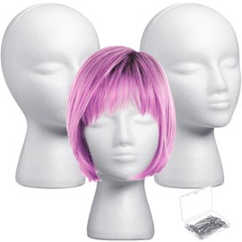 Gisafai 3 Pcs Foam Wig Head with 50 Pcs T Pins Female Foam Mannequin Wig Stand and Holder 11" Tall Cosmetics Model Head Display Hair, Hats Hairpieces Display for Home Travel Salon