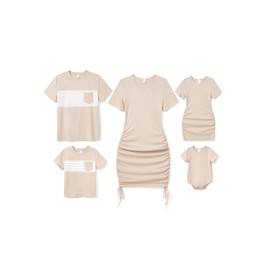 PATPAT Matching Family Outfits Mommy and Me Matching Outfits Short Sleeve Hawaiian Tropical Bodycon Dresses and T-Shirts - Apricot for Women L