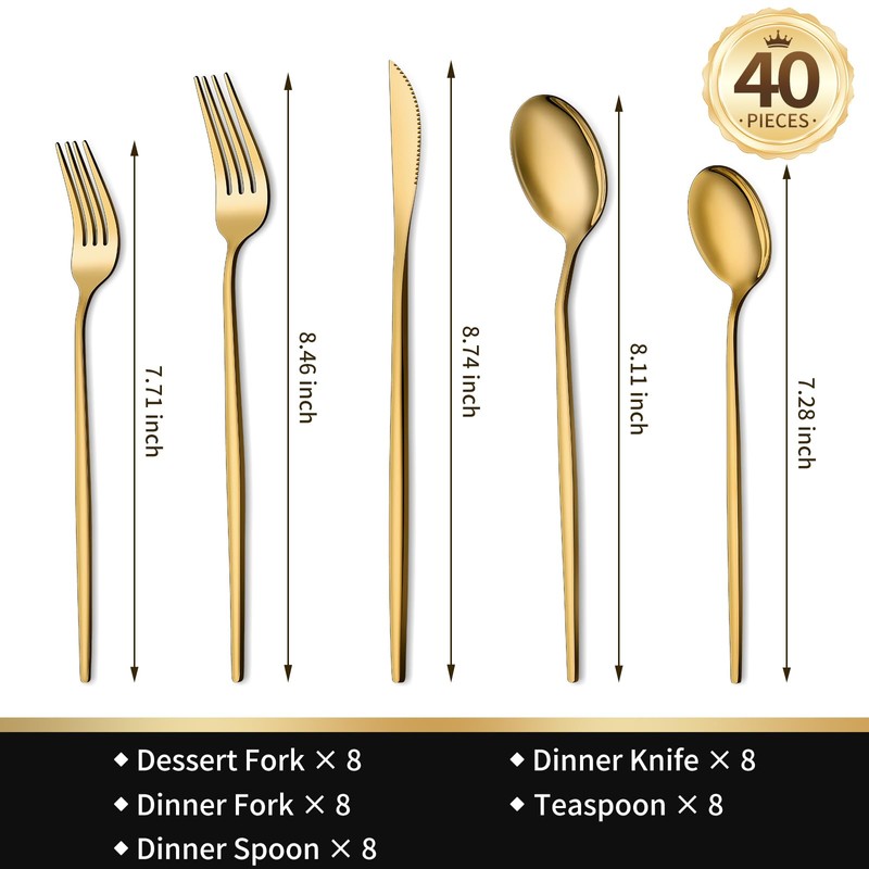 Gold Silverware Set for 8, 40 Pcs Stainless Steel Cutlery