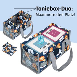 Knuffig - Tonie bag for stylish storage and transport solution of your Tonie characters! Colourful transport bag with dinosaur, lion and princess design