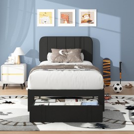 VECELO Twin Size Upholstered Bed Frame with 4 Drawers and Headboard, Velvet Platform Storage Bedframe, Wooden Slats Support, No Box Spring Needed,Black