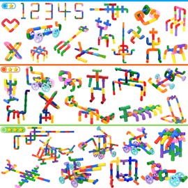 FUBAODA STEM Learning Pipe Tube Toys, Tube Locks Construction Building Blocks 96 Pcs - Multicolor Educational Building Blocks Set with Wheels& Spouts & Joints for Kids Ages 3+