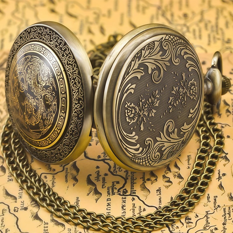 Afcrho Pocket Watch for Men Women Black Dragon and Phoenix
