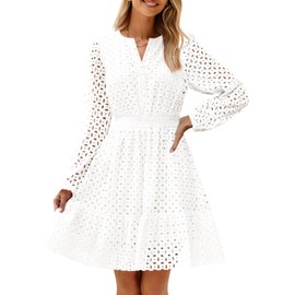 ZESICA Women's 2024 Long Sleeve Mini Dress Fall V Neck Hollow Out Eyelet Embroidery Ruffle A Line Swing Short Dresses,White,Small