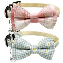 Plaid Cat Collar with Bow Tie Bell Breakaway Daisy Kitten Collars Adjustable with Removable Bowtie 2 Pack Flower Safety Collar for Spring Summer Autumn Pink & Blue
