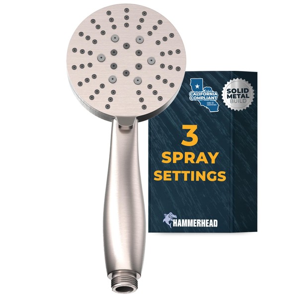 HammerHead Showers® Solid METAL 3-Spray Hand Held Shower Head, Brushed