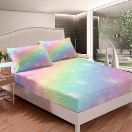 Erosebridal Rainbow Bedding Set for Kids Girls Teens Tie Dye Pastel Fitted Bed Sheet Gold Stars Rainbow Bed Sheets Twin Princess Bed Set Watercolor Art 2 Piece Bedding 1 Pillow Case(No Flat Sheet)