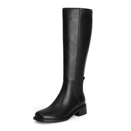 QIY Knee High Boots for Women Chunky Heel Black Stretch Tall Boots for Women Fall Calf High Heeled Long Leather Square Toe Boots Low Heel Size 9.5