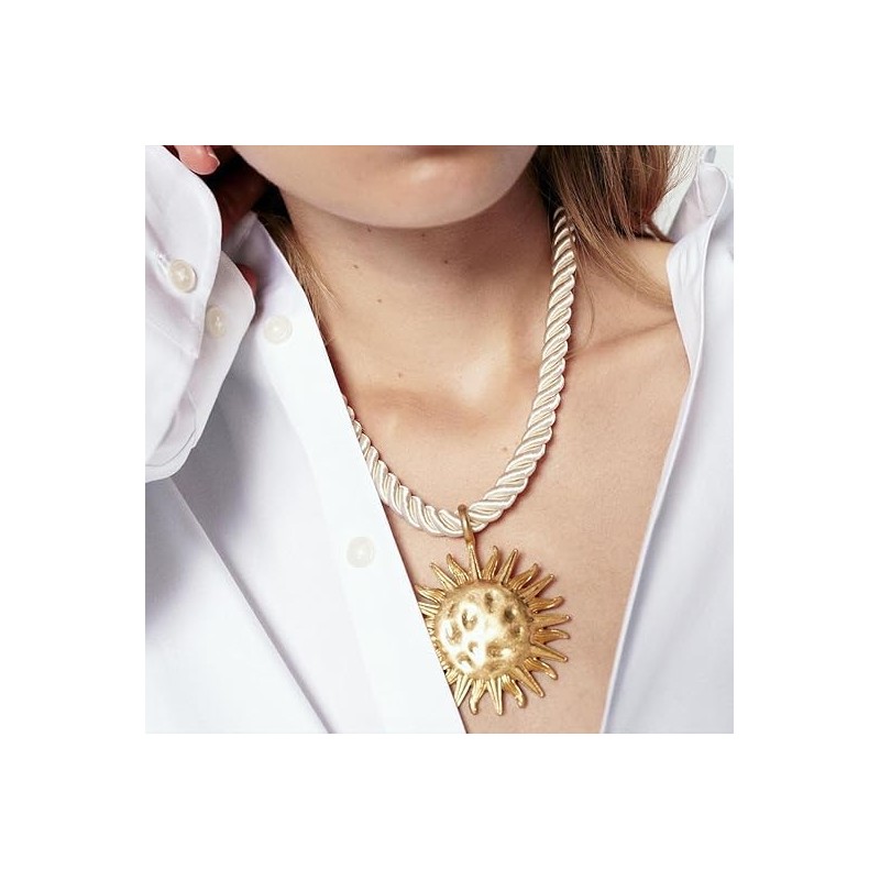 DIONFEI Exquisite Gold Sun Pendant Beige Rope Necklace - Retro