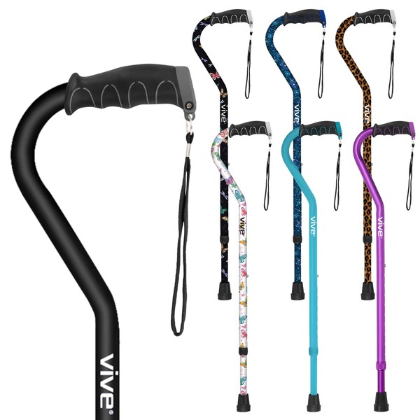 Vive Walking Cane for Women, Men, Elderly - Patented Offset Grip - Lightweight Adjustable Walking Aid with a Non-Slip Tip - Sturdy Balancing Mobility Aid for Seniors, Supports Up to 250lbs (Black)