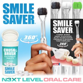 SMILE SAVER 360° Deep Clean 3-Sided Toothbrush 3PK + Toothpaste Tablets | Deep Cleaning + Gum Massage + Tongue Scraper | Everyone can Easily Brush Better: Adults Children Braces Special Needs Travel