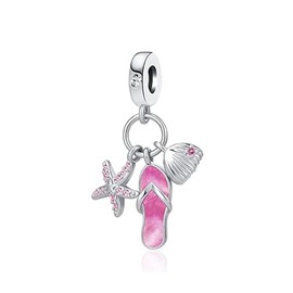 Flip Flop Beach Shoes with Shell and Starfish Sealife Beach Holiday Swimming Sun Charm 925 Sterling Silver Bracelet Charm Bracelet Chain Pendant, Sterling Silver, No Gemstone