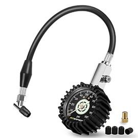 Tire Pressure Gauge 100psi Glow in The Dark, ATsafepro 2.5â Dial Mechanical Tire Gauge with Flexible Hose and Angled Chuck, Certificated Accuracy Analog Air Pressure Gauge for Cars, Trucks, Bicycles.