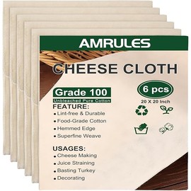 Cheese Cloths for Straining, 6PCS 20x20 Inch Grade 100 Cheese Cloth, Reusable Washable Unbleached Pure Cotton Cheesecloth for Cooking and Cheese Making with Hemmed Edge