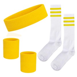 NANXJIUR Sweatband Striped Sock Set for Men Women Sweatband Headband High Sports 80s Party Costumes Theme Accessories Sports Headband Wristbands High Tube Socks (Yellow)