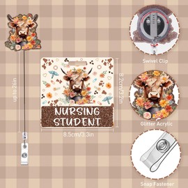 Nursing Student Badge Reel and Buddy, Highland Cow Flower Retractable ID Holder with Swivel Clip and Badge Buddy, Gifts for Student Nurse