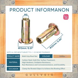 Gullveig 25 Pcs M5 Multi-Grip Rivet Nut Kit - Zinc Plated Carbon Steel, Heavy Duty Nutsert, Pre-Bulbed Threaded Inserts, Flat Head, Slotted Rivet Nut Fasteners