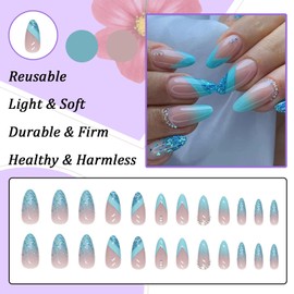 Ceboic Pack of 24 Almond Nails for Sticking, Short, French Colourful Waves Artificial Nails, Glossy Glitter Press On Nails, Reusable Oval False Nails, Acrylic Fingernails, Fake Nails for Women