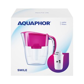 AQUAPHOR Wasserfilter Smile Cyclamen inkl. 1 A5 Filter mit Magnesium I Reduziert Kalk & Chlor I Karaffe für 2,9l I Kompakter & leichter WasserfiIter I Tischwasserfilter I Passt in die Kühlschranktür