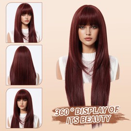 Geogroket Long Straight Wigs with Bangs Burgundy Red Layered Hairstyle Synthetic Heat Resistant Wigs for Girls Daily Party Use 28 Inch (BUG)