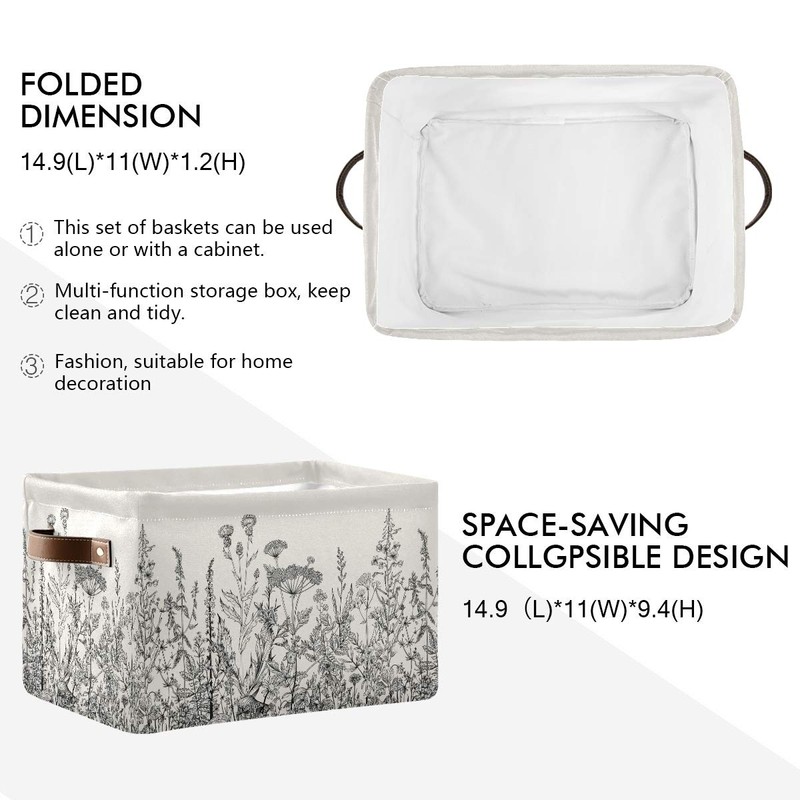 KEEPREAL Black and White Flowers Storage Baskets,Decorative Collapsible Rectangular Canvas