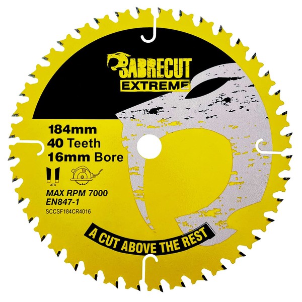 1 x SCCSF184CR4016 SabreCut 184mm 40T x 16mm Bore Circular Saw Blade Compatible with Dewalt (DCS570, DCS572 & DWE560) Makita Milwaukee Ryobi and Many Others