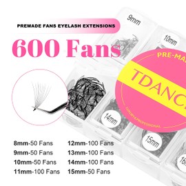 TDANCE 600 Fans Premade Fans Eyelash Extensions 8-15mm Mixed Length Pre Made Fans Lash Extensions 5D 8D 10D 12D 14D 16D 24D Handmade Promades Eyelash Fans C/D Curl Loose Fans(600-12D-0.05-D-8-15mm)
