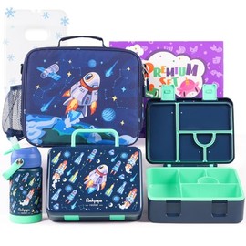 rockpapa 5 Compartment Bento Lunch Box with Ice Pack for Kids with Uensils & Insulated Water Bottle & Lunch Bag, BPA-Free Lunch Containers Set for School Boys Girls Ages 3+ (Blue Rocket)