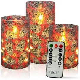 3 Pack Home Decoration Flameless LED Pillar Candles 11-Key Remote Timer Flickering Tropical Flower Print Battery Operatedcolor: Skull, size: High:6" x 3" ;Medium:5" x 3" ;Low:4" x 3"