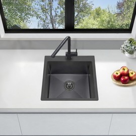 Friho Drop-in Black Bar Sink, 18"x 18" Inch Small Kitchen Sink, Stainless Steel Handmade Single Bowl Topmount RV Kitchen Sinks With Basket Strainer