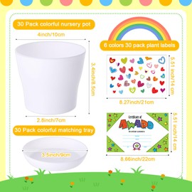 Domensi 30 Pack Spring Crafts for Kids Bulk DIY Flower Pots 4 Inch Plastic Garden Plant Pots Planters with Tray Drainage Holes with 458 Stickers 30 Certificates Cards to Decorate(White)