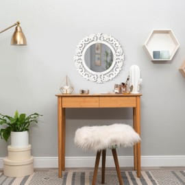 Round Wall Mirror, Gorgeous Hand Carved Rustic Farmhouse Accent Mirror, Barn Wood Color Entry Mirror for Bathroom Renovation, Bedroom, Living Rooms, Restroom Decoration - 14x14 Inch - White Antique