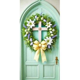 BlissYard Easter Door Cover 70x35 Easter Door Banner Easter Door Decorations Cross and Floral Wreath Backdrop Design Easter Party Supplies Religious Holiday Decoration Easter Banners for Outside