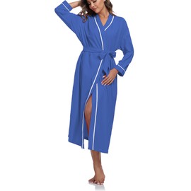 EA'S SECRET 100% Cotton Robes for Women Lightweight Long Kimono Bathrobe Soft Ladies Loungewear with Pockets(Blue,L)