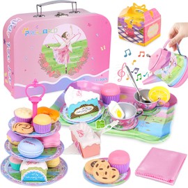Tea Party Set for Toddles 3-5,53PCS Musical Kids Tea Set for Little Girls with Dessert,Cookies,Doughnut,Cake,Cake Stand,Tablecloth & Carrying Case,Kitchen Pretend Play Toys for Girls Boys Age 3-6
