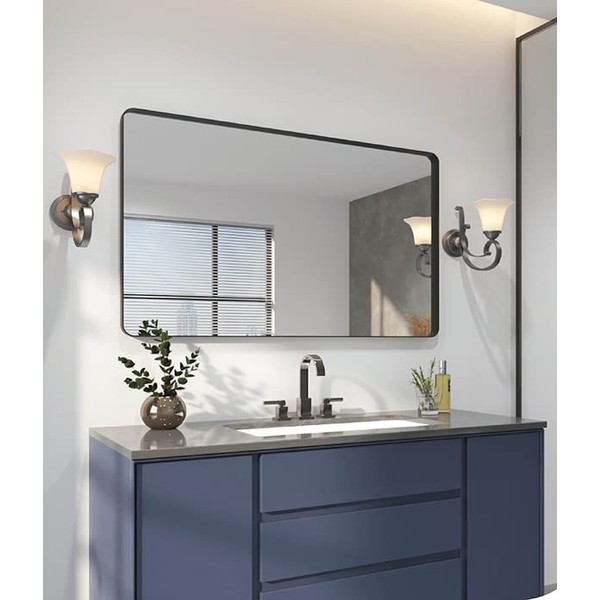 OKPAL 48X32 Inch Black Metal Framed Bathroom Mirror for Wall,