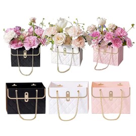 6 Pcs Flower Paper Box Bouquet Storage Bucket With Handle For Wedding Party Mother'S Day Gift Wrap Bag Birthday Graduation Party Decoration (6 Pcs) (White, Black, Pink)