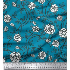 Soimoi Blue Cotton Canvas Fabric Leaves & Floral Artistic Decor Fabric Printed metre 56 Inch Wide
