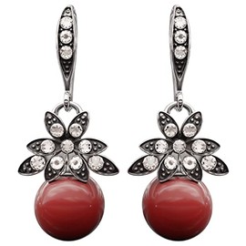 Lova Jewelry Glass Pearl & Hematite Crystal Accent Clip on Hook Earrings for Wedding, Bridal, Formal & Fashion (Red)