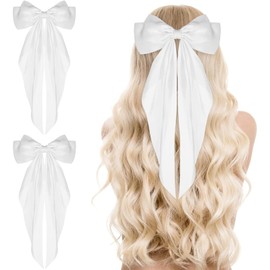 NINFEIQI 2 Pieces Big Bow Barrettes, Silky Satin Hair Bows, Long Tail French Ribbon Hair Pins for Party Valentine's Day Women Girl